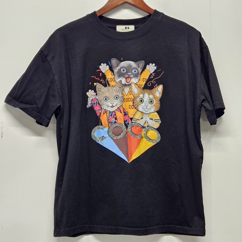 B Living Legend Tshirts Cats Print Coco Rhinestone Details Size L Black Unisex